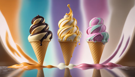 Advertising horizontal banner with different flavored ice cream cones on abstract background with copy space. AI generative image.の素材