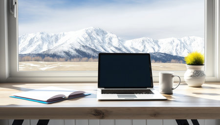 Comfortable workplace with laptop computer, cup of beverage and window with beautiful mountain landscape. indoor horizontal background. AI generative image.の素材