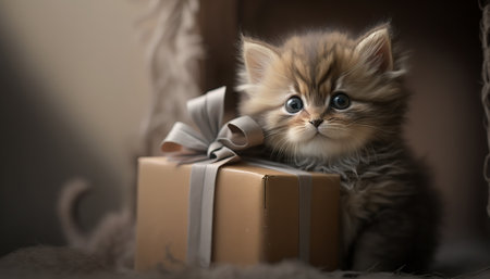Adorable and cute little kitten with gift box and silk bow. Indoor background with cat. Festive horizontal greeting card. AI generative image.の素材