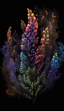 Abstract fantastic lupine flowers bouquet with bright color powder explosion on black background. Floral beautiful vertical poster. AI generative art.の素材