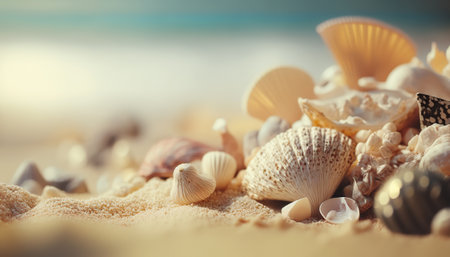 Close up different seashells on sand with blurred sea water backdrop. Tropical summer beach outdoor horizontal background. AI generative image.の素材