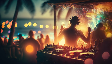 Night beach party with dj and blurred dancing crowd of people having fun. nightlife illustration. AI generative image.の素材