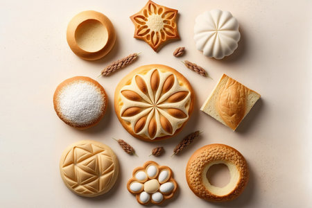 Various fresh and tasty bakery products. Top view close up home made buns and cookies concept. pastry food collection. Flat lay composition. AI generative image.の素材