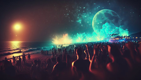 Night beach music party with blurred dancing people at the background. outdoor activities. AI generative image.の素材