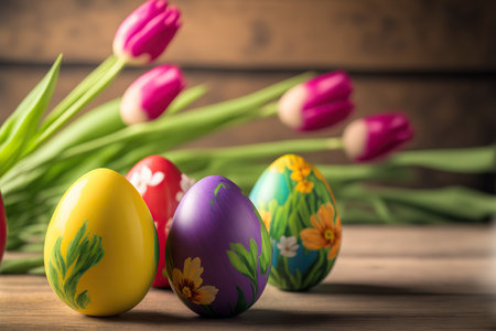 Painted Easter eggs with tulip flowers on wooden background. Spring holiday horizontal banner or greeting card template. AI generative image.の素材