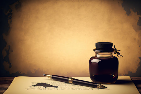 Vintage background with parchment, inkwell and fountain pen. calligraphy tool. copyspace. Mockup for your text. AI generated picture.の素材