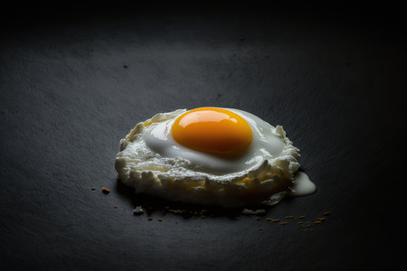 Close up fried egg, morning breakfast concept. Horizontal black background. AI generative image.の素材