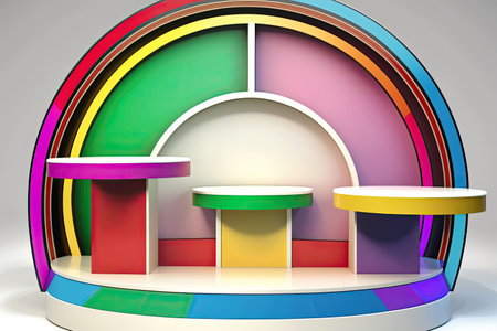 Abstract minimal pop art product podium display. Empty showcase layout. horizontal background. AI generative image.の素材