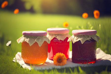 Delicious fruit jams on nature outdoor background. AI generated image.の素材
