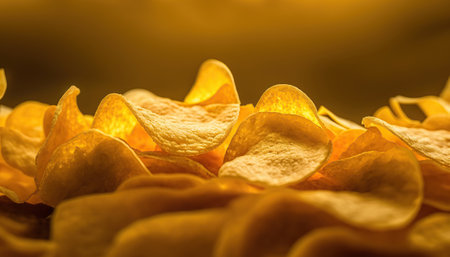 Horizontal banner with close up potato crispy chips and copy space. AI generative image.の素材