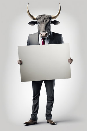 Anthropomorphic handsome black bull businessman in suit holding white clean empty signboard mockup with copy space. stock market illustration. AI generative image.の素材