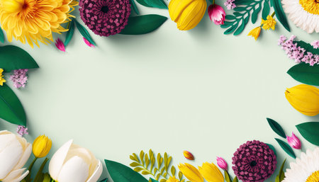 Springtime different flowers border frame with copy space in the middle. beautiful floral background. AI generative image.の素材
