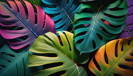 Tropic bright vibrant multicolor exotic tropical monstera leaves pattern. splash screen horizontal wallpaper. AI generative image.の素材