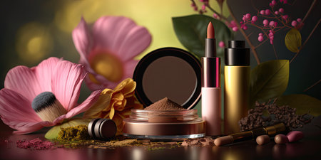 Beautiful composition made of closeup organic cosmetic products and spring flowers on bright background. natural beauty care concept. horizontal banner. AI generative image.の素材