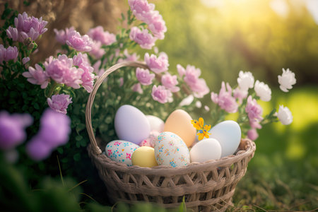 Basket with painted Easter eggs, floral nature background. selective focus. AI generated image.の素材