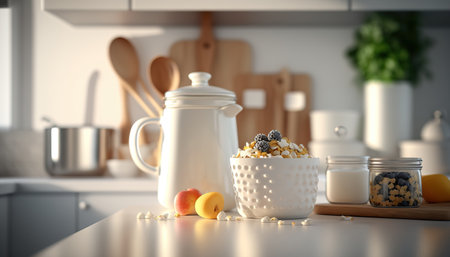Modern light white kitchen table top with utensils and food for breakfast. Cozy indoor horizontal background. AI generative image.の素材
