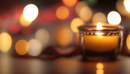 Close up candle burning on dark blurred background. decorative element. Morning symbol illustration. horizontal banner. AI generative image.の素材