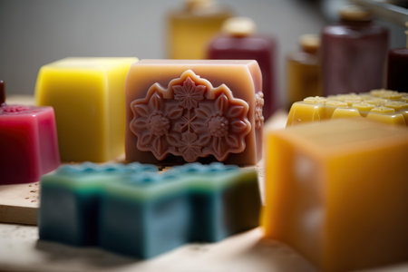 Different close up homemade soap bars, natural organic skincare hygienic product. indoor horizontal background. AI generative image.の素材