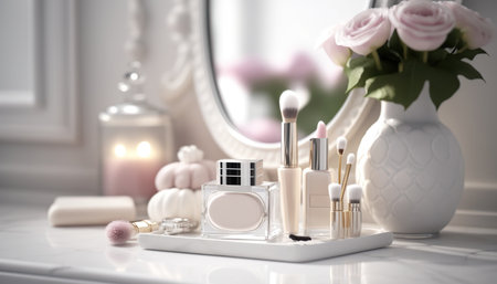 Beautiful luxury bright bathroom table with decorative and body care cosmetic products, flowers and mirror. indoor horizontal background. AI generative image.の素材