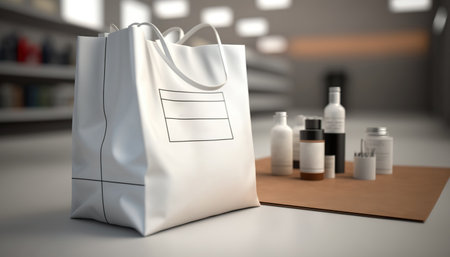 Close up shopping bag mockup with blurred store interior indoor horizontal background. Sale time concept. AI generative image.の素材