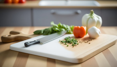 Close up modern kitchen table with cutting or chopping board, vegetables and knife. Indoor sun light background with selective focus. AI generative image.の素材