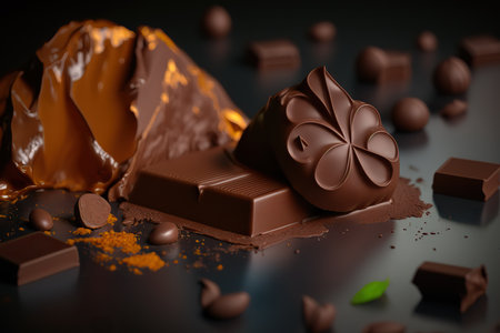 Close up different dark and milk chocolate bars and candies, confectionary products indoor horizontal background. Tasty delicious food. AI generative image.の素材