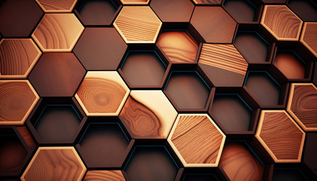 Brown wooden hexagonal tiles texture made of different timber. Abstract wallpaper horizontal background. AI generative image.の素材