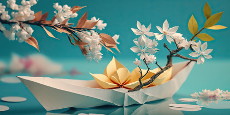 Cute close up origami paper boat on bright blue background. Springtime concept with cherry blossom branch. Horizontal spring banner with copy space. AI generative image.の素材