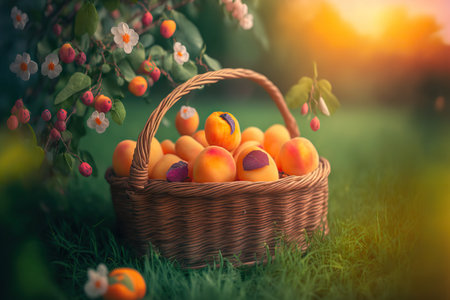 Delicious fresh apricots in a basket on nature outdoor background. AI generated image.の素材