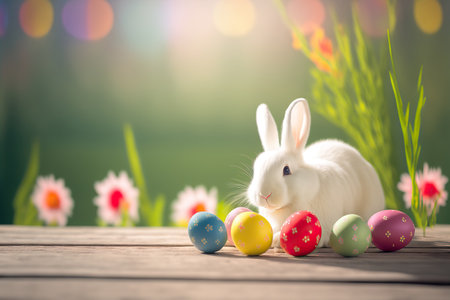 Easter white rabbit with multicolored painted eggs. Springtime flowers on the background. Horizontal greeting card template with copy space. AI generative image.の素材