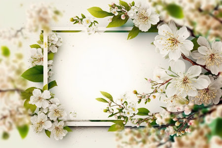 Beautiful close up spring blossom branches tree background with copy space. Blank place for text. AI generative image.の素材