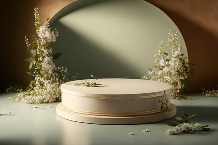 Minimal cylinder product display podium with plants. Eco style showcase. soft colors. Abstract modern interior with copy space. AI generative art.の素材