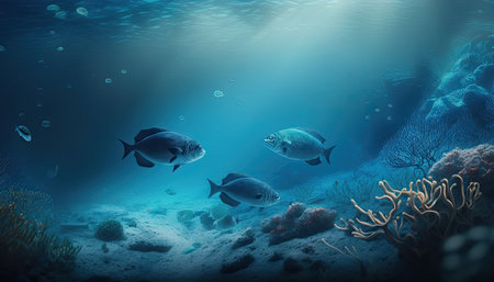 Beautiful underwater ocean bottom scene. Abstract horizontal marine background with copy space. AI generative image.の素材