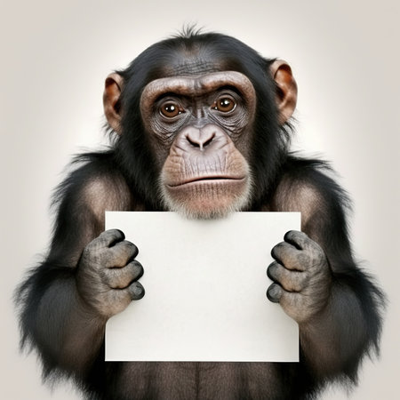 Illustration of funny anthropomorphic chimpanzee monkey businessman in suit holding empty clean white sign with copy space. AI generative image.の素材