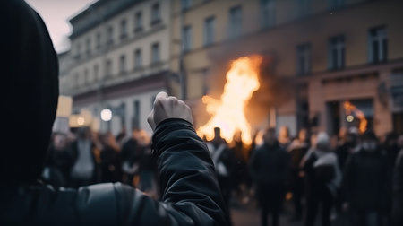 Illustration of big city riot. Crowd of people on unauthorized rally with burning fire and smoke. public protest demonstration. Strike on outdoor horizontal background. AI generative image.の素材