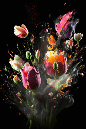 Beautiful abstract tulip flowers bouquet exploding of vibrant luminescent bright colors on black backdrop. Mobile splash screen template. artistic background. AI generative image.の素材