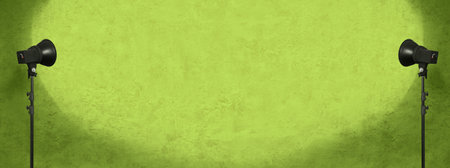 lighting studio equipment, color concrete background, green plaster wall, banner sizeの写真素材