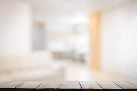 wooden table, blurred room, interior backgroundの写真素材