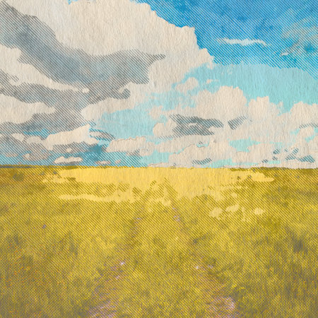 in the fields, retro background on old paper textureの写真素材