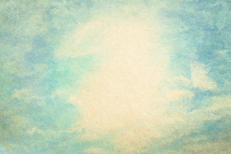 retro sky painting pattern on old paper texture. vintage watercolor clouds.の写真素材