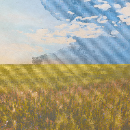 in the fields, retro background on old paper textureの写真素材
