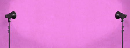 lighting studio equipment, color concrete background, pink plaster wall, banner sizeの写真素材