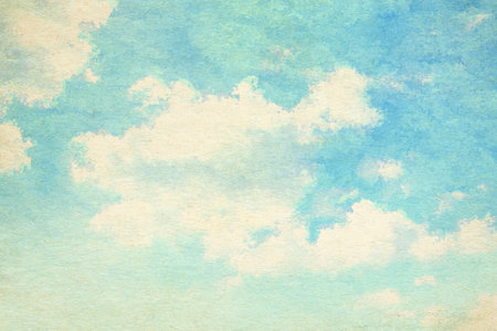 retro sky painting pattern on old paper texture. vintage watercolor clouds.の写真素材