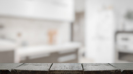 wooden table, blurred room, interior backgroundの写真素材