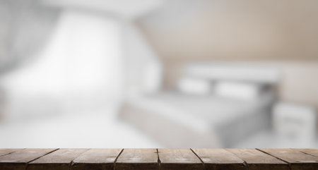 wooden table, blurred room, interior backgroundの写真素材