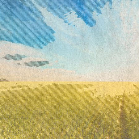 in the fields, retro background on old paper textureの写真素材