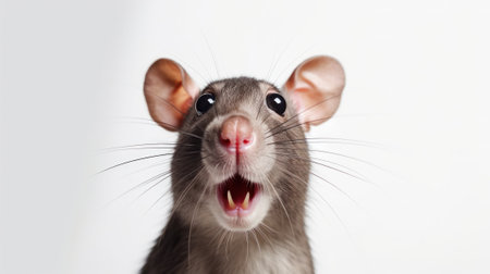 Portrait of a cute gray rat with open mouth on white backgroundの素材