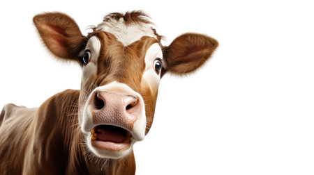 Close-up portrait of a young cow isolated on a white backgroundの素材