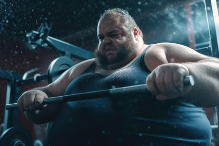 Fat man in the gym. The concept of a healthy lifestyle.の素材