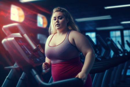 Fat woman running on a treadmill in a gym. Toned imageの素材